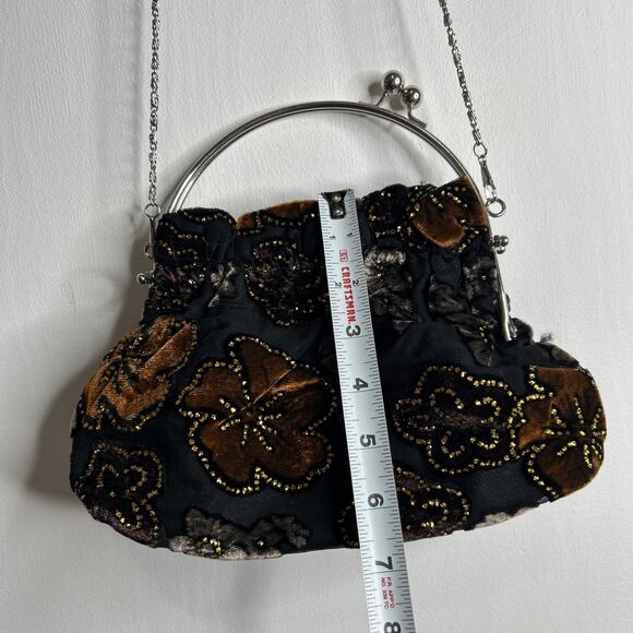Brown, Black, Copper Floral Velvet Purse with Glitter Details and Satin Lining - Picture 5 of 9